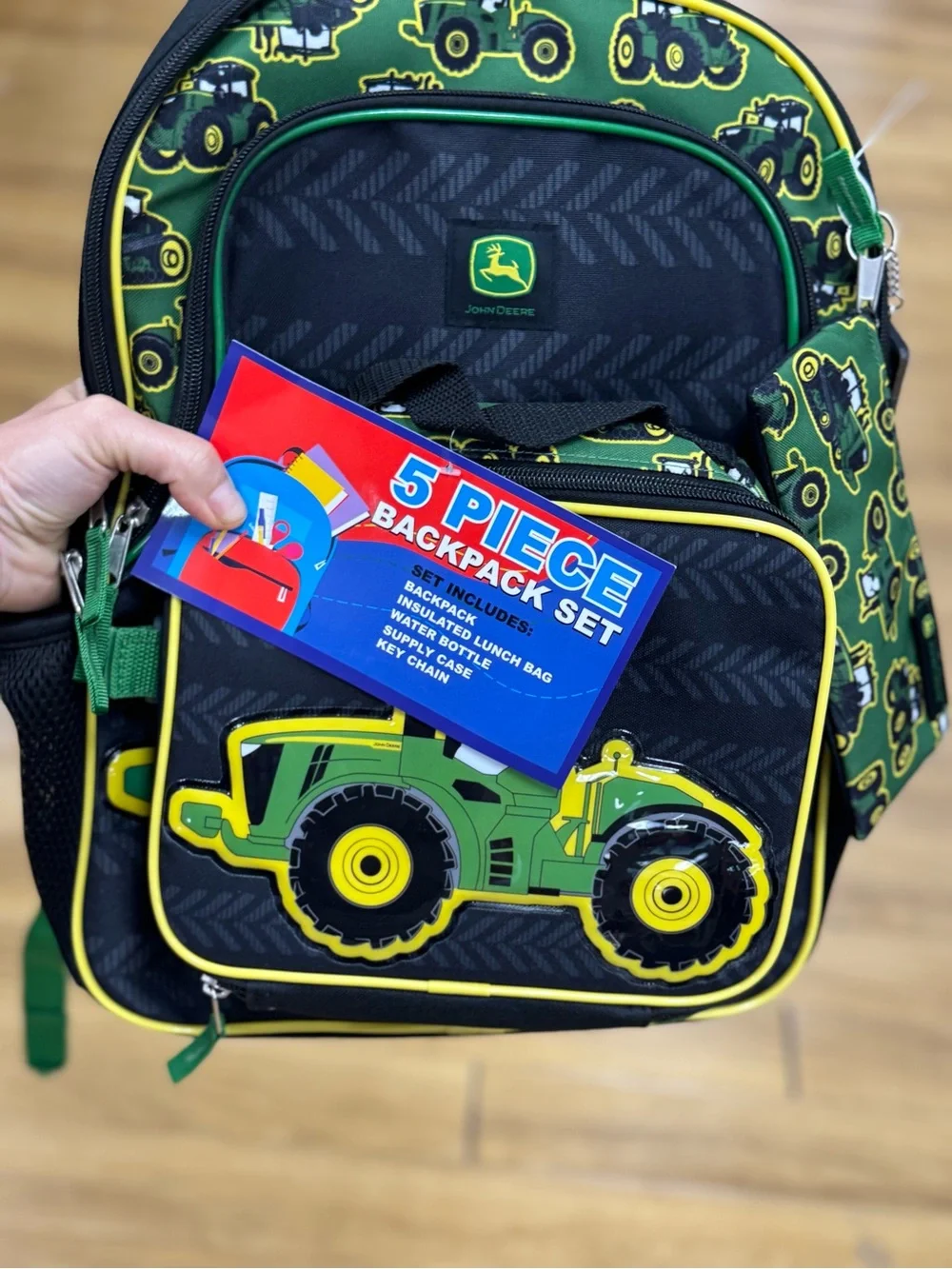 John Deere Green and Yellow Kids 5-Piece Backpack Set with Tractor Design